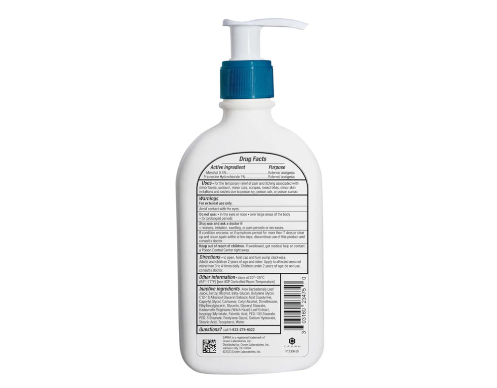 Sarna Calm + Cool ingredients with Witch Hazel and Aloe focus on soothing care.
