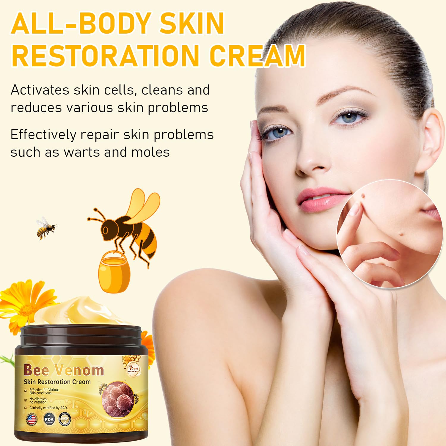 Satasiam Bee Venom Skin Care image emphasizes gentle formula for sensitive skin