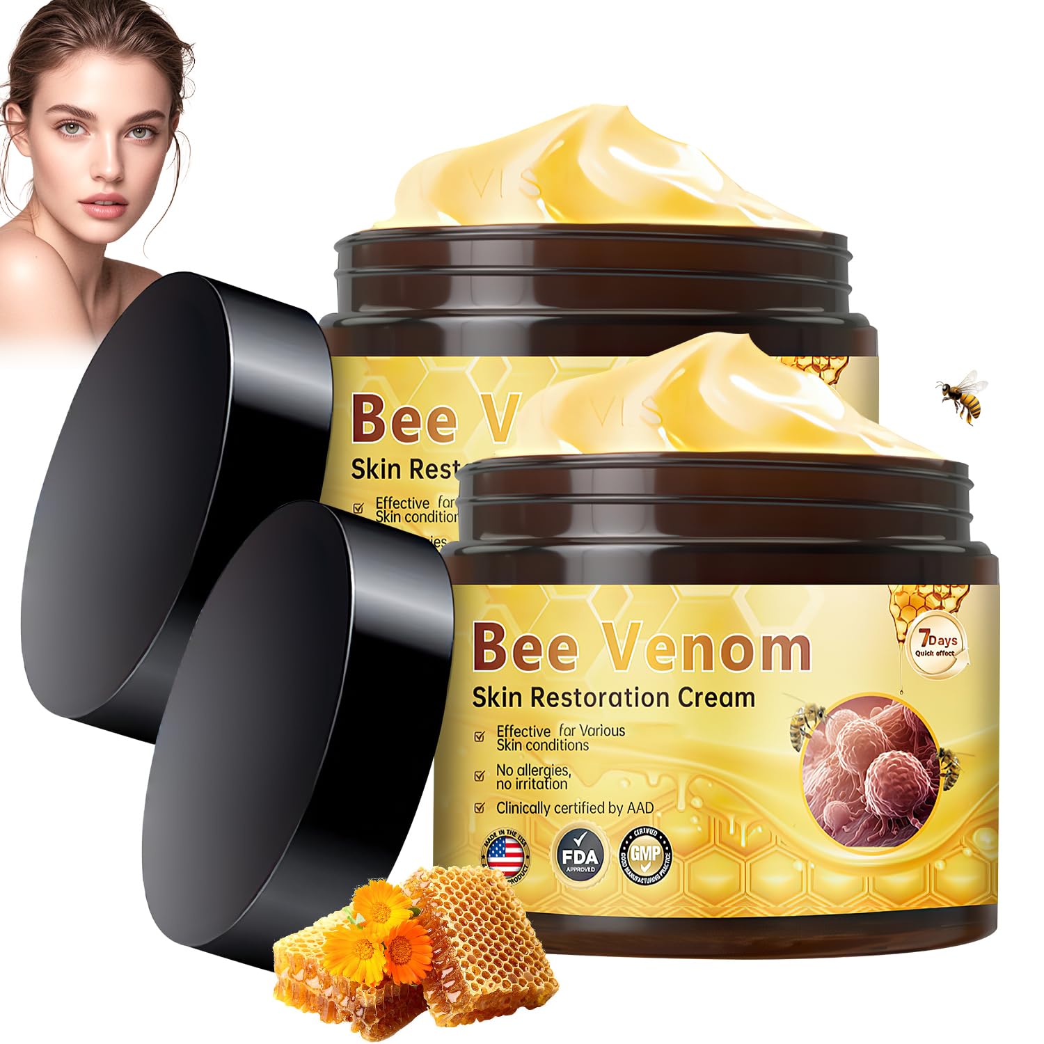 Satasiam Bee Venom Skin Restoration Cream jar close-up showing rich texture for smoother, hydrated skin