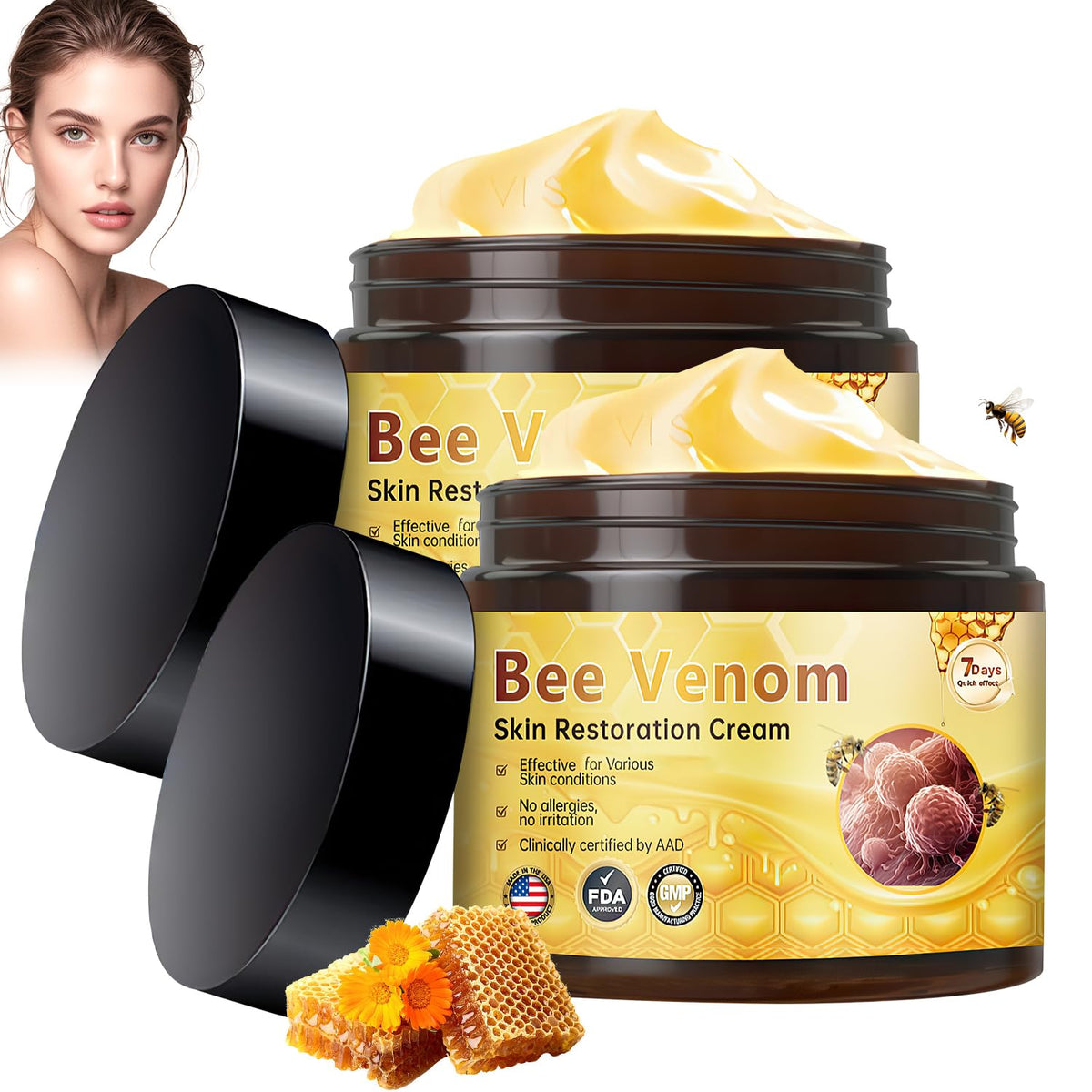 Satasiam Bee Venom Skin Restoration Cream jar close-up showing rich texture for smoother, hydrated skin