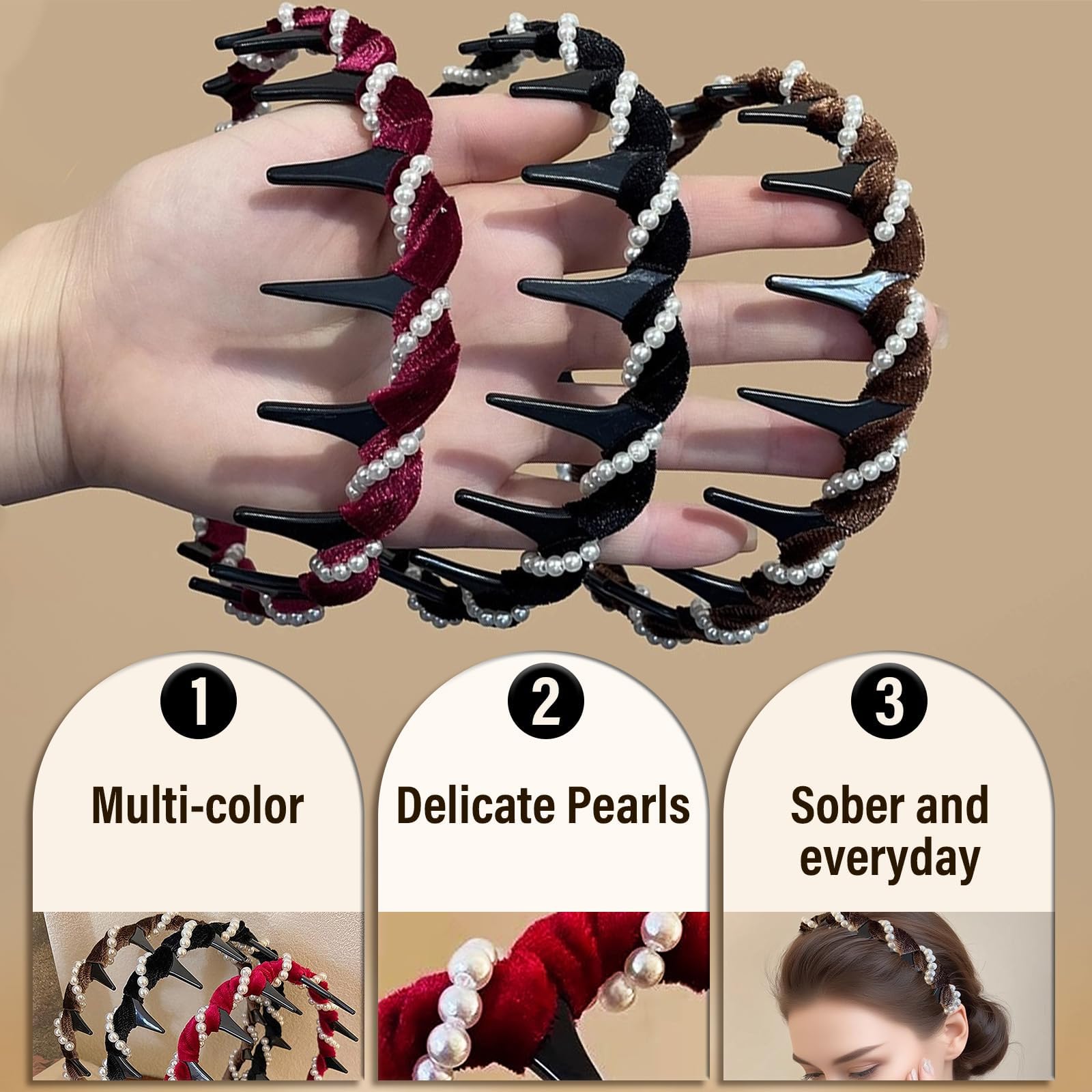 Satasiam high-cranium pearl headband silhouette creates flattering contour