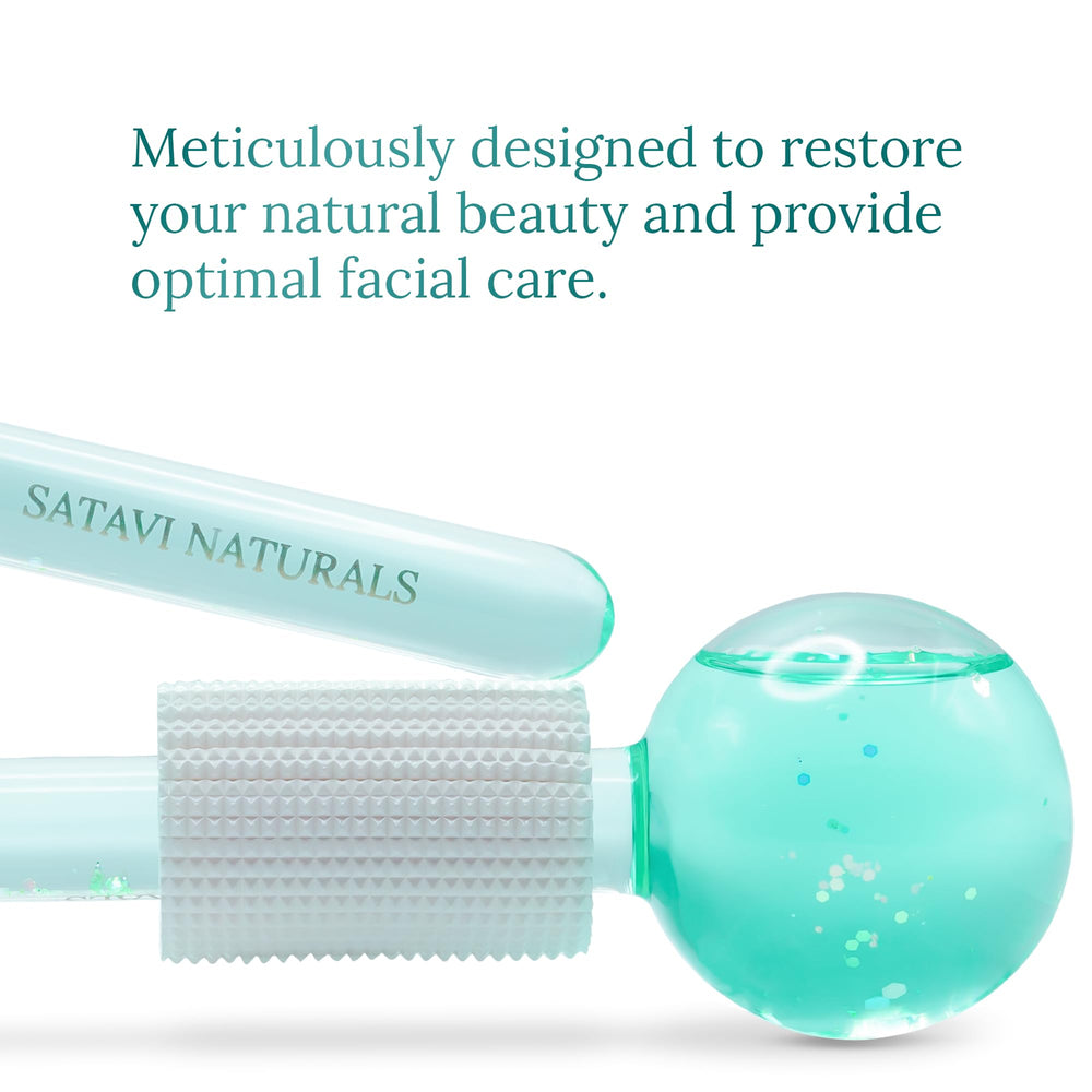Satavi Naturals Beauty Ice Globes closeup shows sparkle-infused liquid for spa vibes