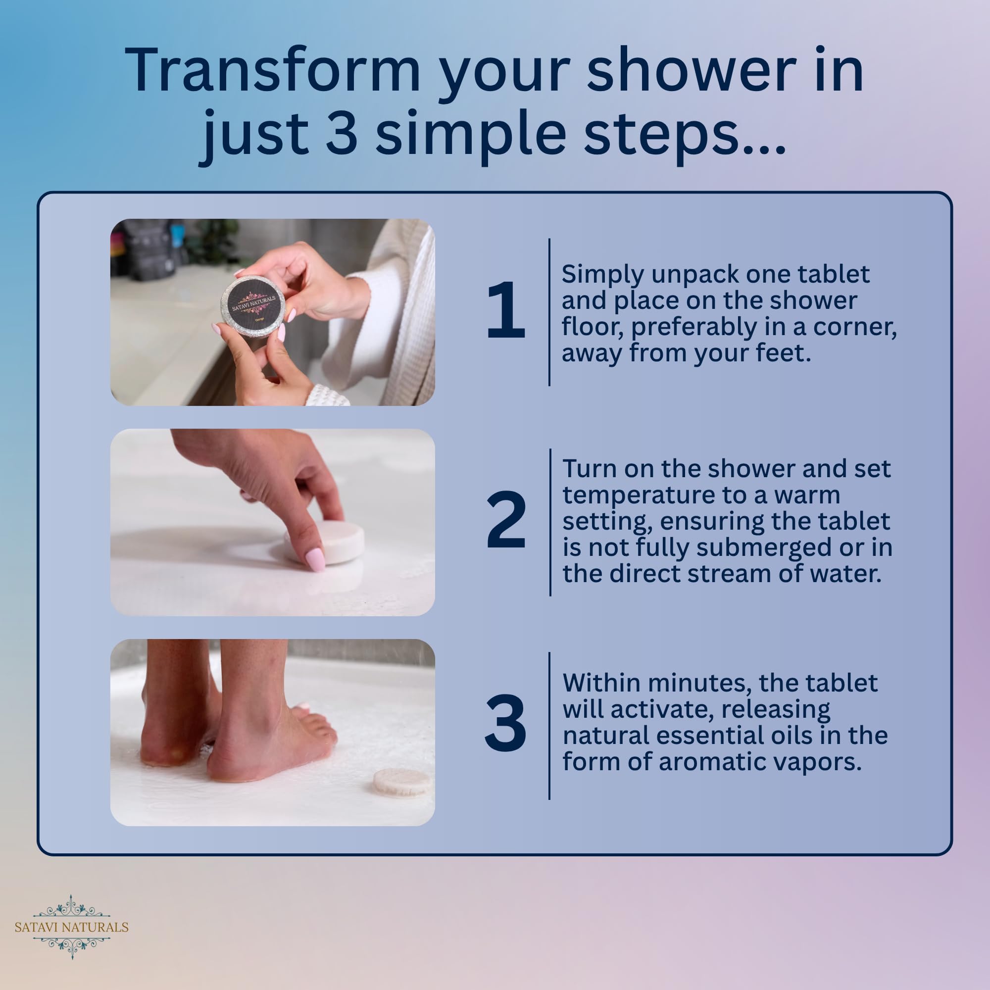 Satavi Naturals steamers in shower corner with steady fragrance diffusion.