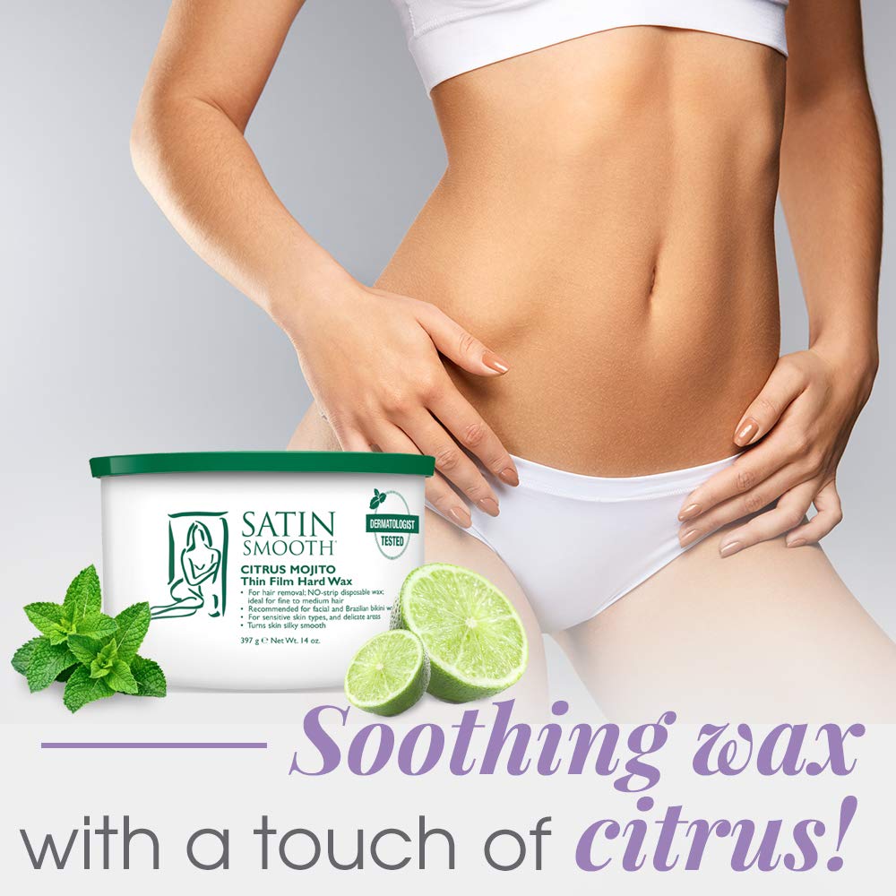 Satin Smooth Citrus Mojito pebble wax coverage demonstrates flexible film that grips hair with minimal skin pull.