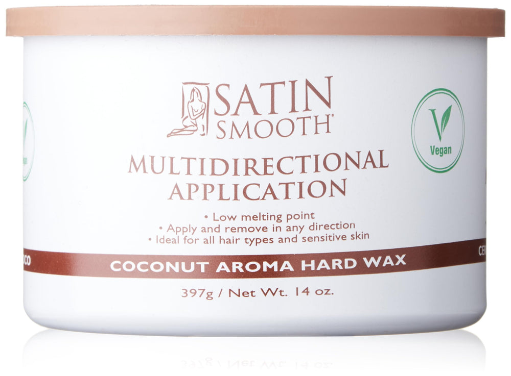 SATIN SMOOTH Coconut Aroma Hard Wax jar—gentle vegan formula for smoother skin.