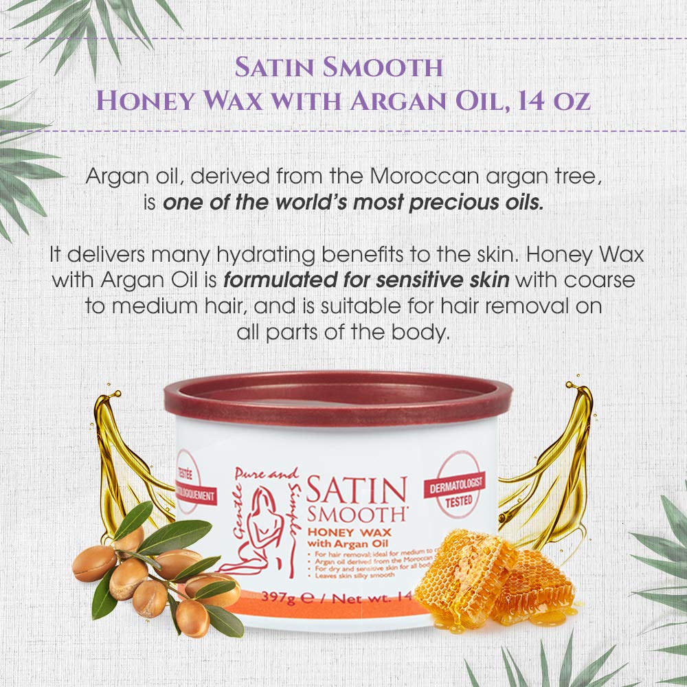 Satin Smooth Honey Wax ingredients with Argan Oil highlighting nourishing care during full-body waxing.