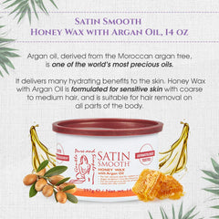 Satin Smooth Honey Wax ingredients with Argan Oil highlighting nourishing care during full-body waxing.