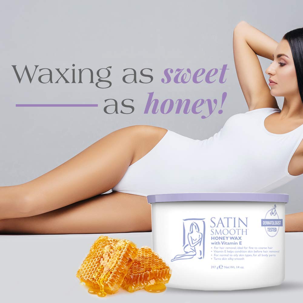 SATIN SMOOTH Honey Wax packaging displays a 14oz size for full-body waxing