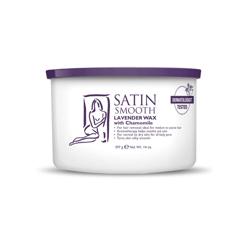 SATIN SMOOTH Lavender Wax bottle shown for a calming at-home waxing session