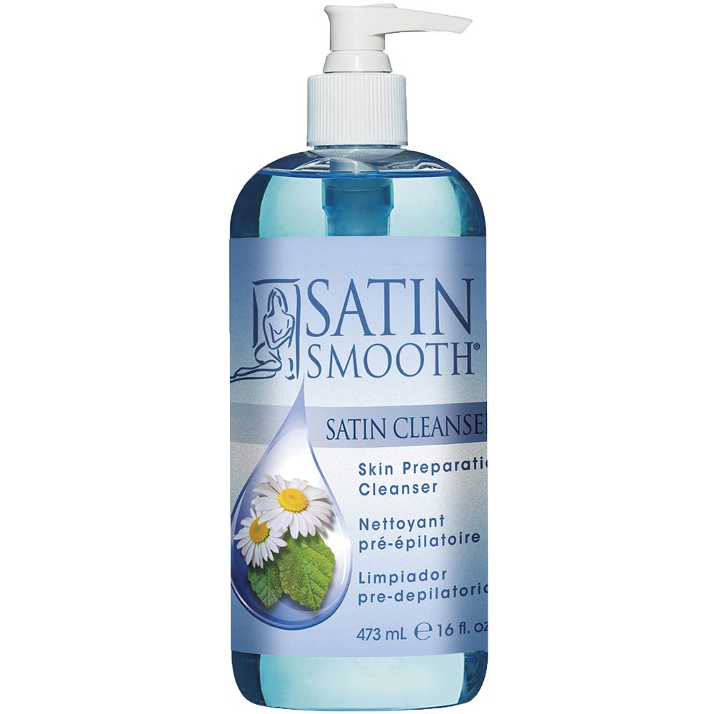 Satin Smooth Pre Wax Cleanser bottle closeup for thorough skin preparation and cleansing.