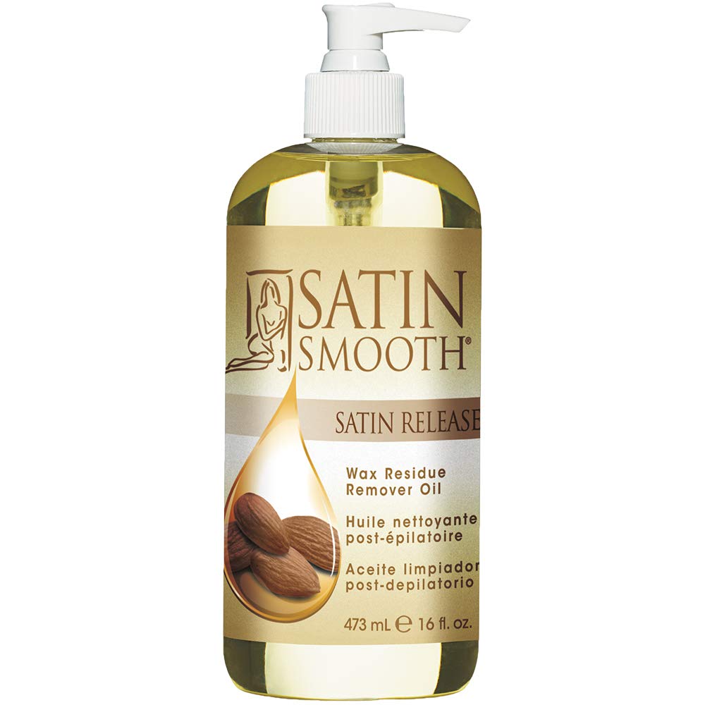 Satin Smooth Satin Release Residue Remover Oil bottle pour for quick post-wax residue cleanup.