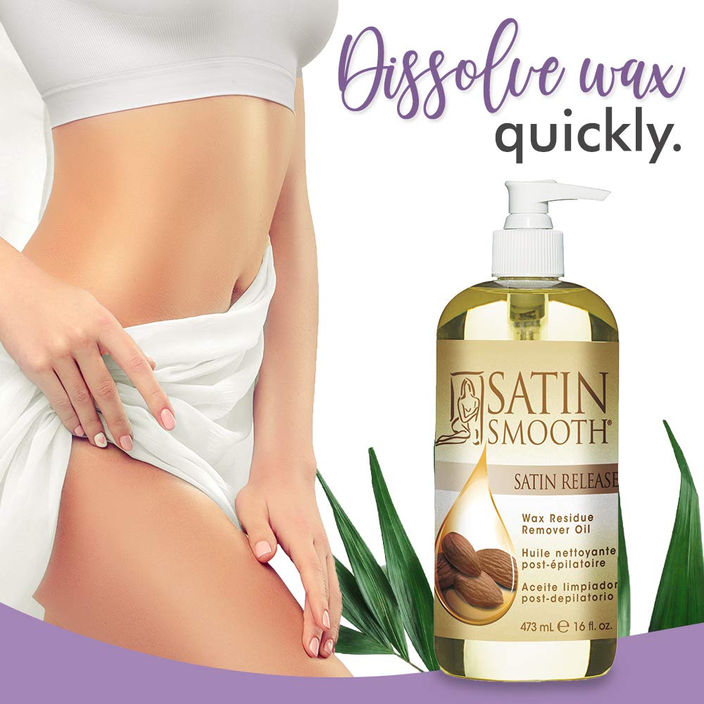Satin Smooth Satin Release Residue Remover Oil label closeup highlighting easy post-wax cleanup.