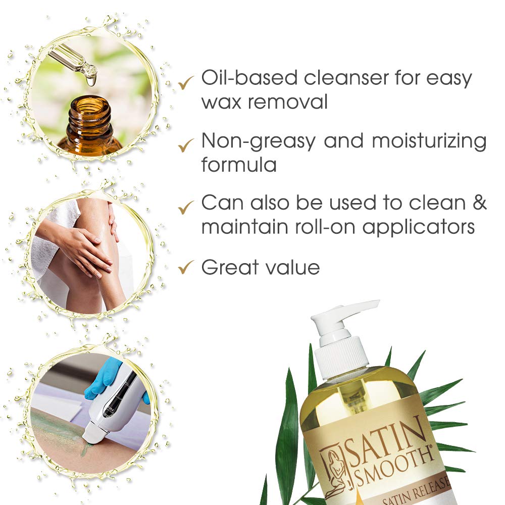 Satin Smooth Satin Release Residue Remover Oil on skin demonstrates gentle, fast-absorbing post-wax residue removal.