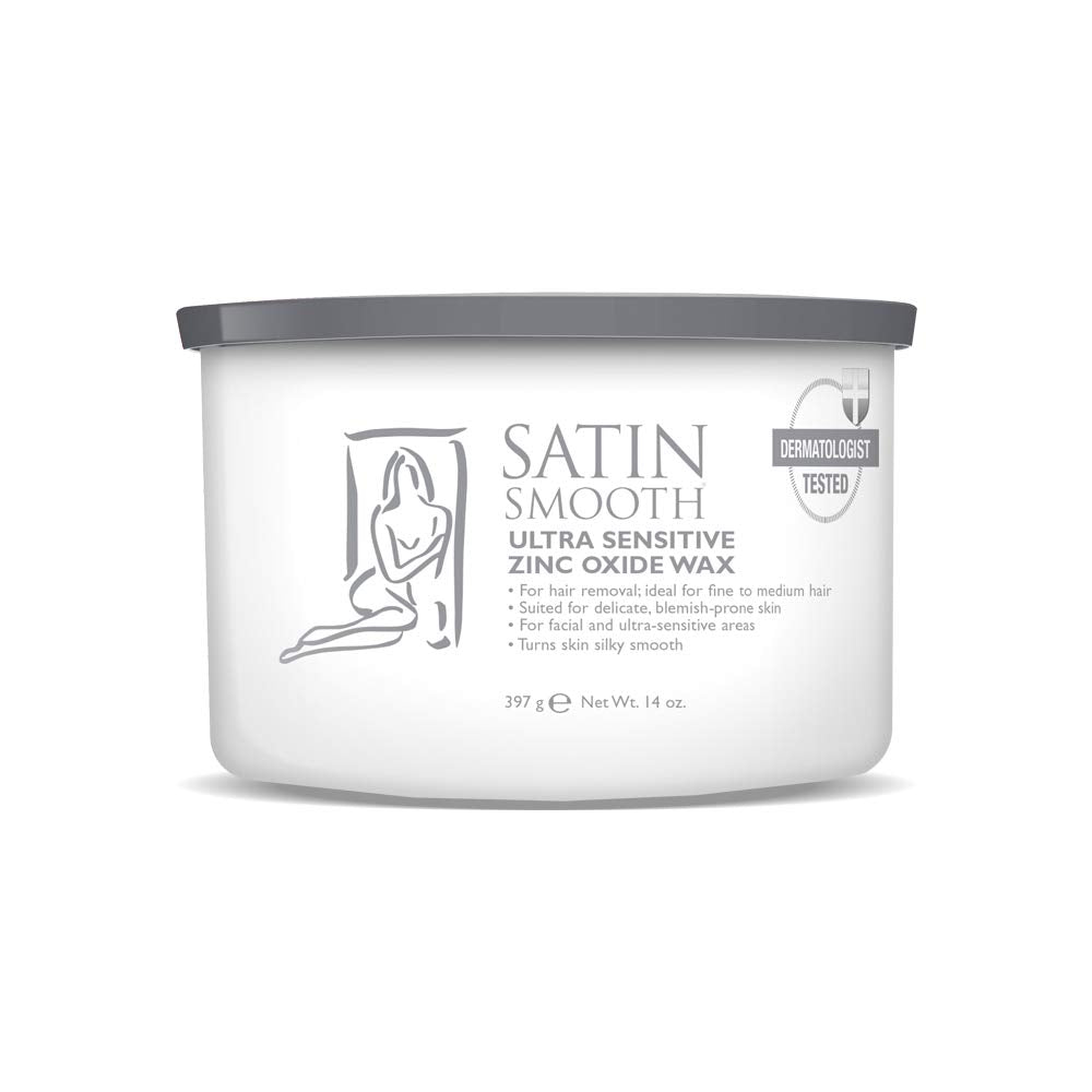SATIN SMOOTH Ultra Sensitive Zinc Oxide Wax packaging highlights a gentle formula for sensitive skin.