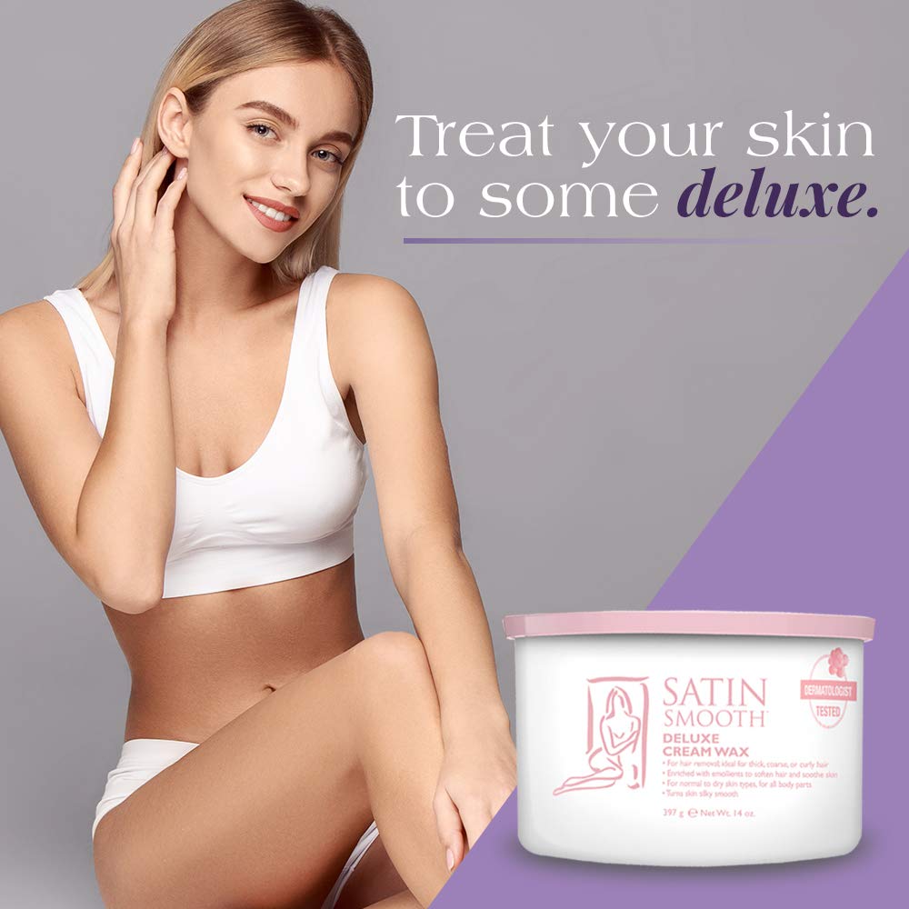 SATIN SMOOTH Deluxe Cream Wax dry skin friendly formula leaves skin soft after waxing.
