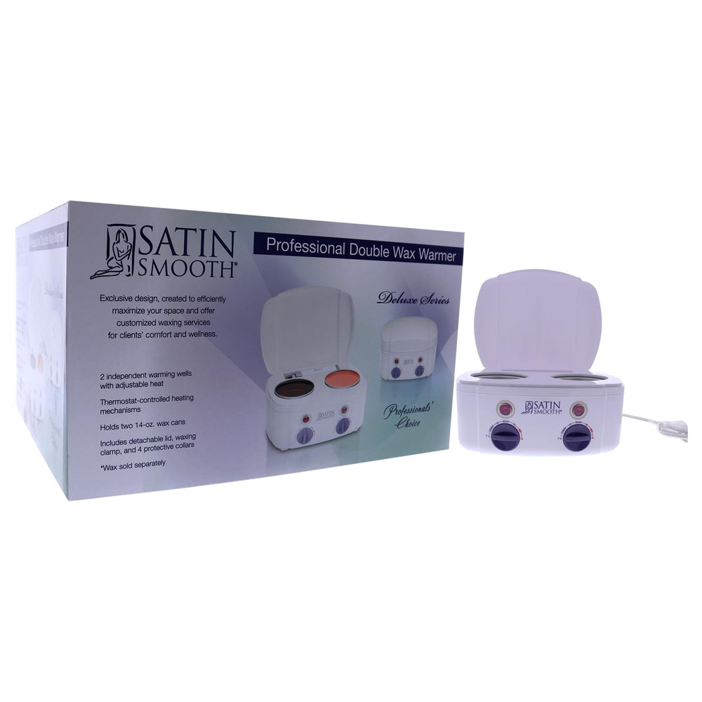 SATIN SMOOTH double wax warmer side panel shows compact footprint for professional setups.