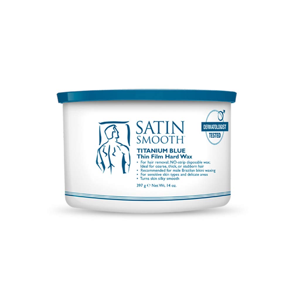 SATIN SMOOTH Titanium Blue Wax jar closeup with azulene oil for sensitive skin comfort.