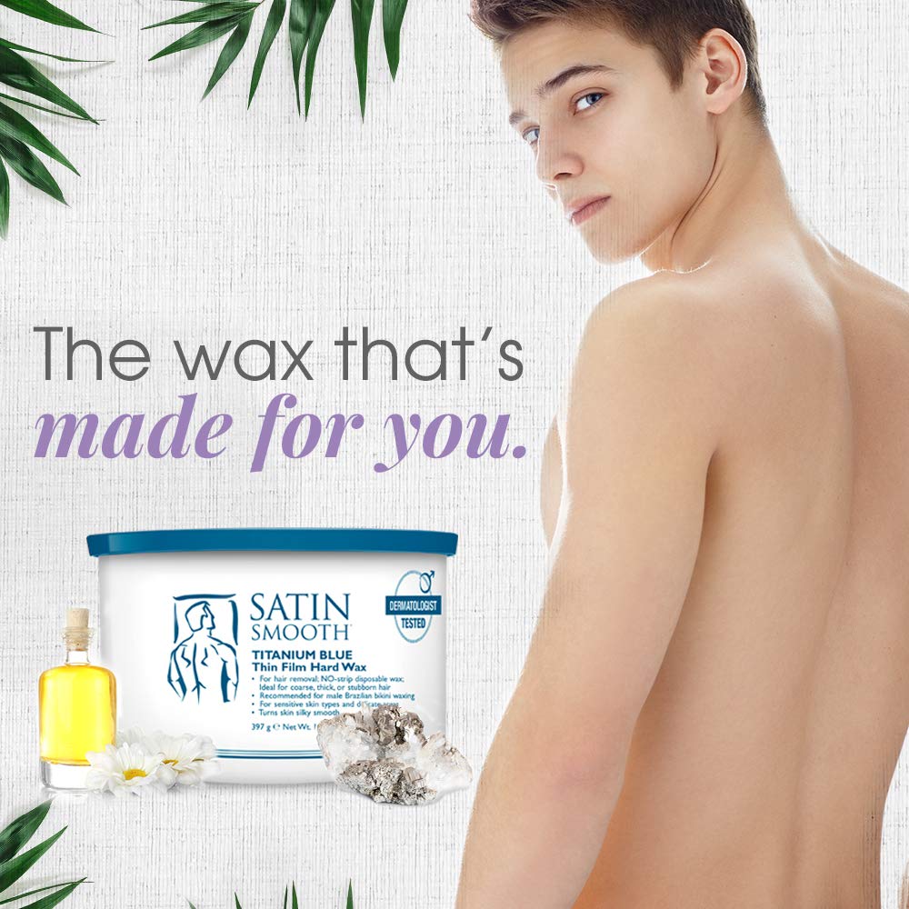 SATIN SMOOTH Titanium Blue Wax on skin during Brazilian waxing for coarse hair.