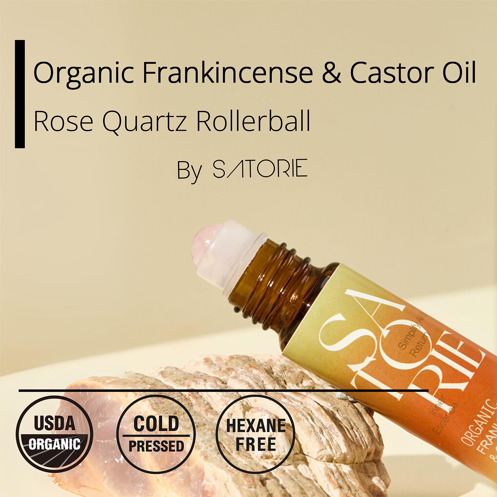 Satorie Rose Quartz Rollerball close-up showing cooling massage.