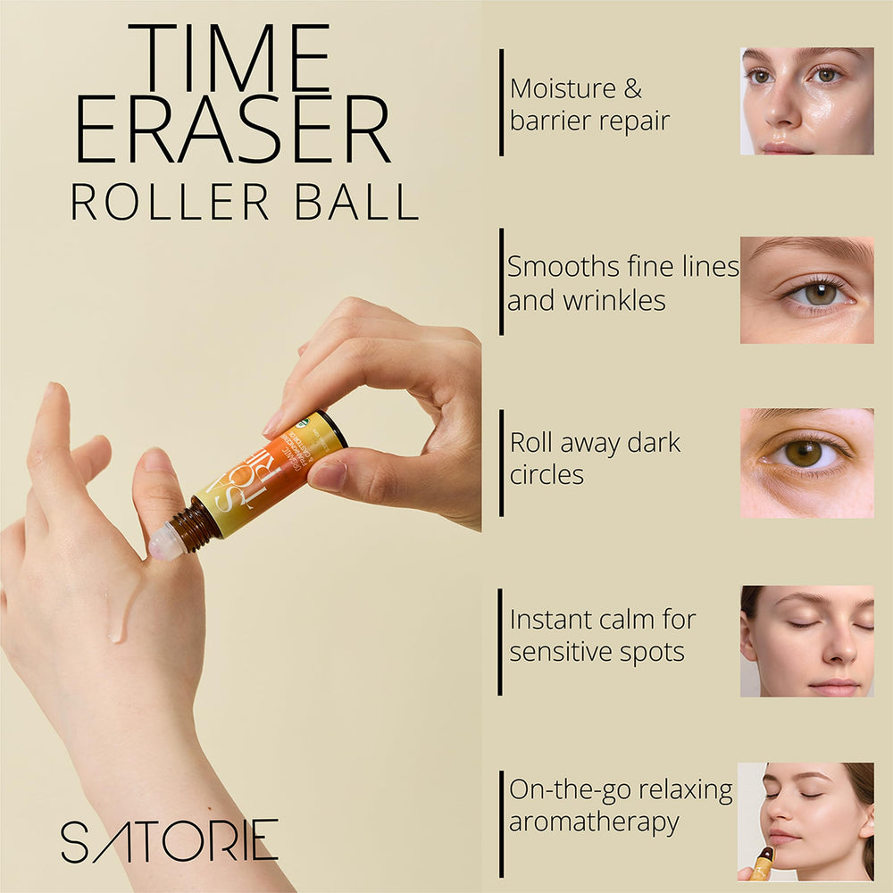 Satorie Rose Quartz Rollerball in use for under-eye care.