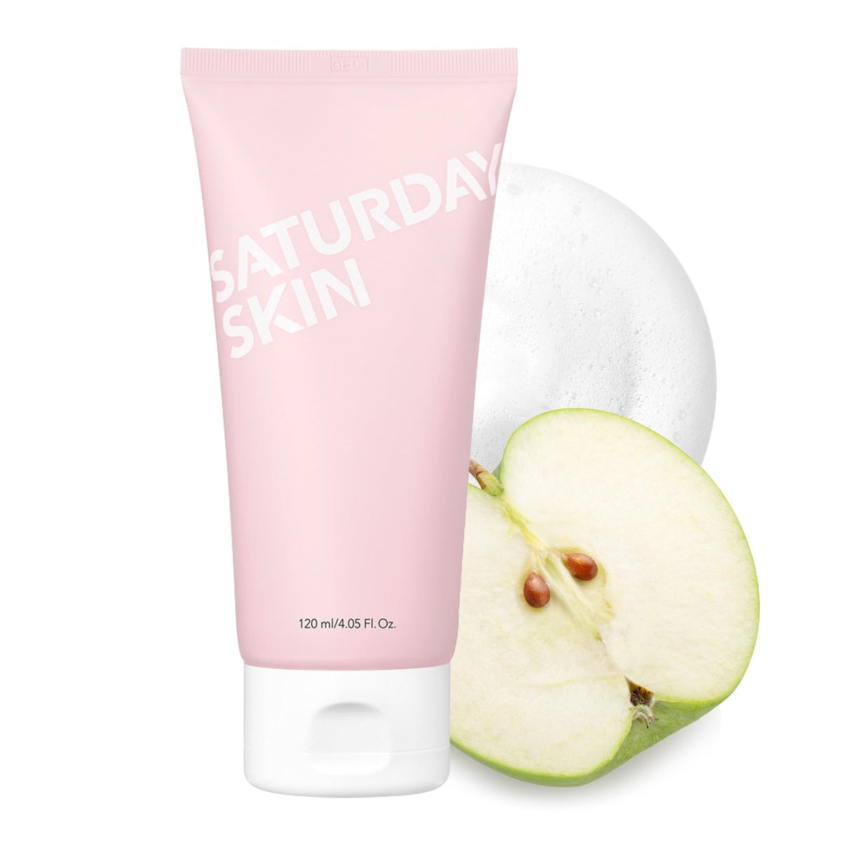 Saturday Skin face cleanser bottle shows hydrating foam texture for daily cleansing.