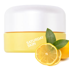 Saturday Skin Yuzu Eye Balm jar closeup showing creamy texture for brightening under eyes.