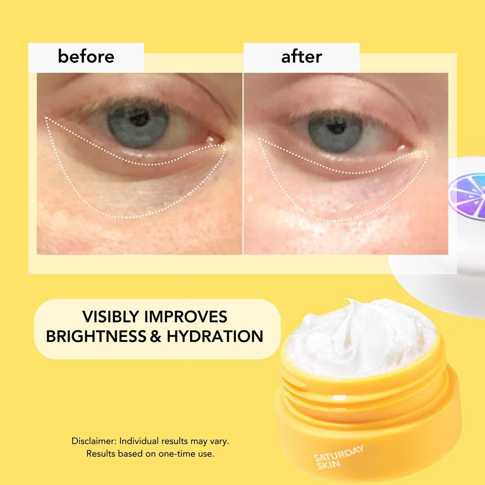 Saturday Skin Yuzu Eye Balm packaging signals clean, vegan, cruelty-free formula for daily skincare.
