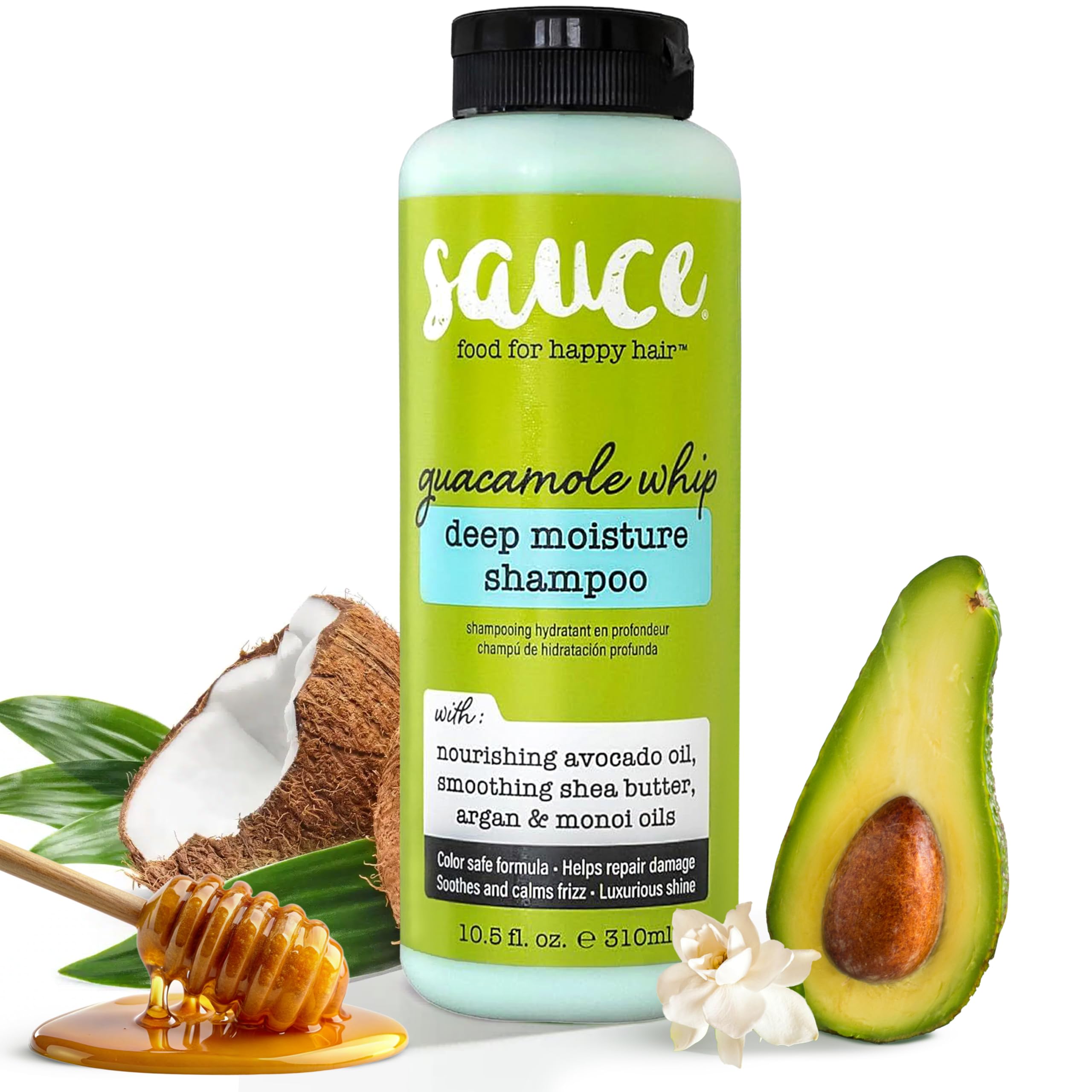SAUCE BEAUTY Guacamole Whip Shampoo bottle on sink for daily moisture