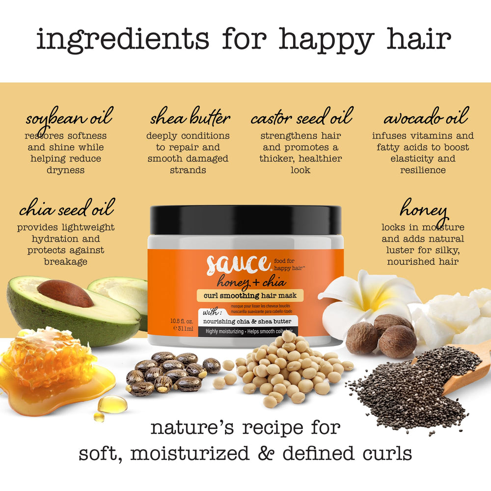 SAUCE BEAUTY Hair Mask Honey Chia on damp hair applying for smoother, frizz-free results