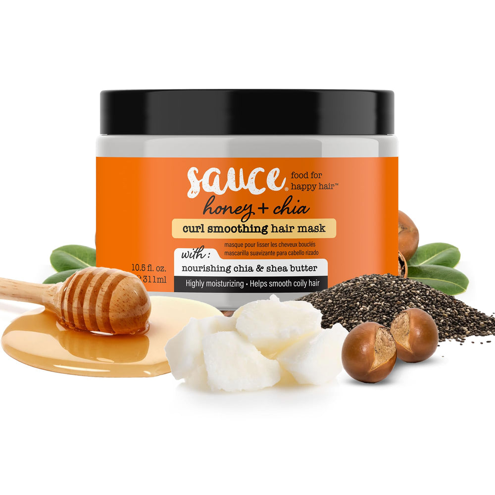 SAUCE BEAUTY Hair Mask Honey Chia jar closeup showing creamy texture for smooth curls