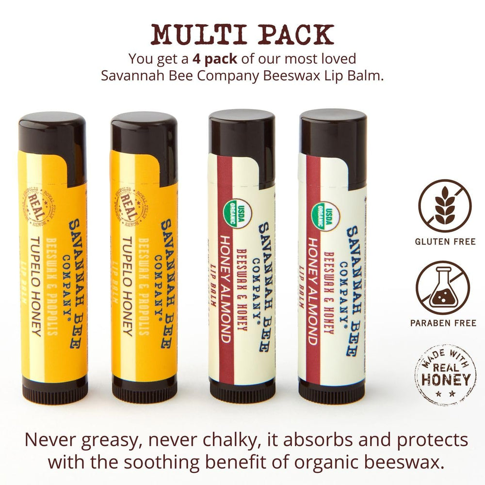 Savannah Bee Collection Lip Balm Honey Almond application shows soothing lip care.