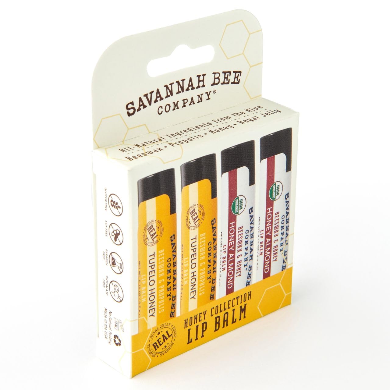 Savannah Bee Collection Lip Balm ingredients highlight natural beeswax and honey.