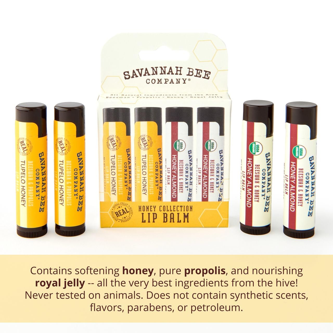Savannah Bee Collection Lip Balm gift set packaging for elegant presentation.