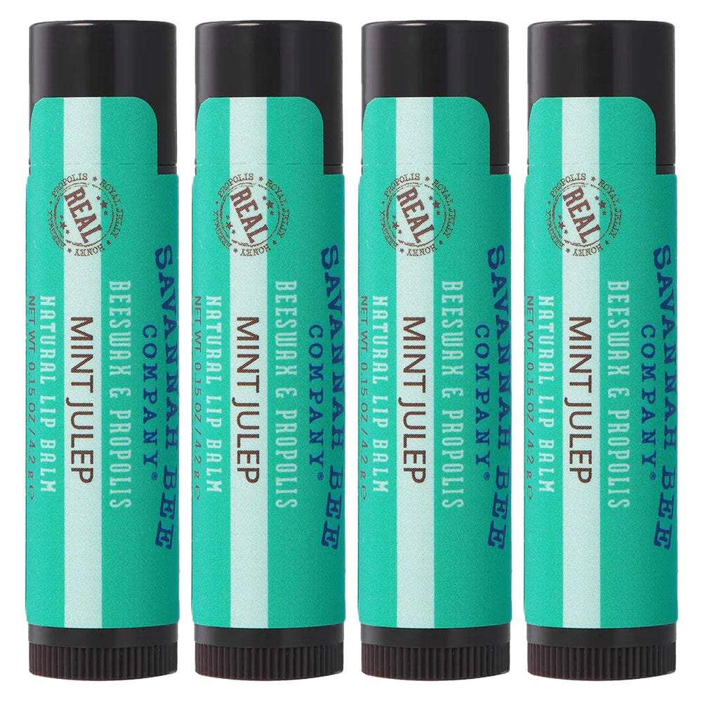 Savannah Bee Mint Julep Lip Balm pack4 box showing four tubes for everyday moisture