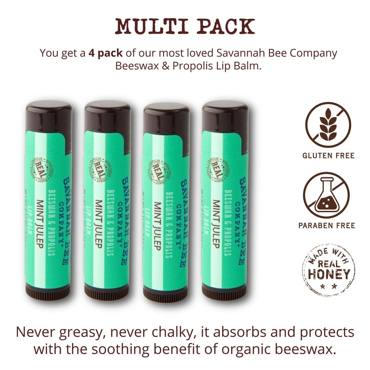 Savannah Bee Mint Julep Lip Balm tube close-up highlighting silky texture