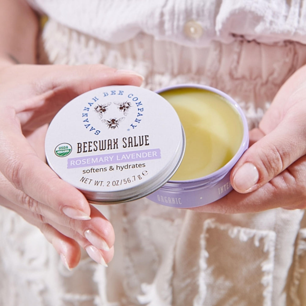 Savannah Bee Company salve texture on skin indicating hydration boost.