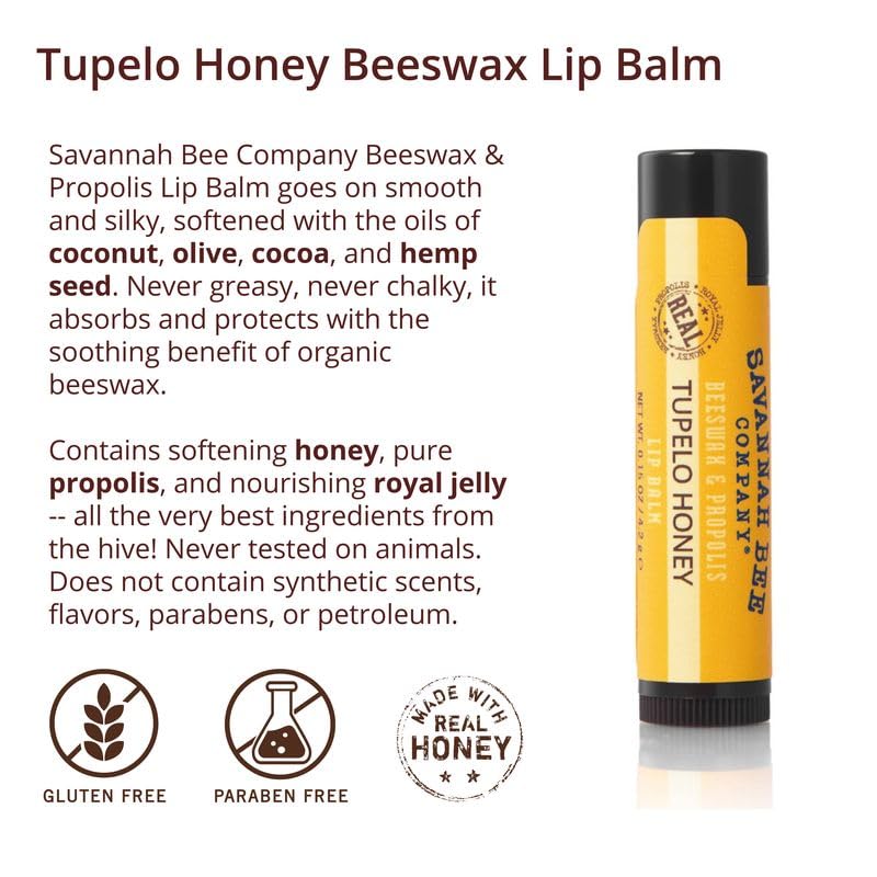 Savannah Bee Tupelo lip balm softens lips in dry weather