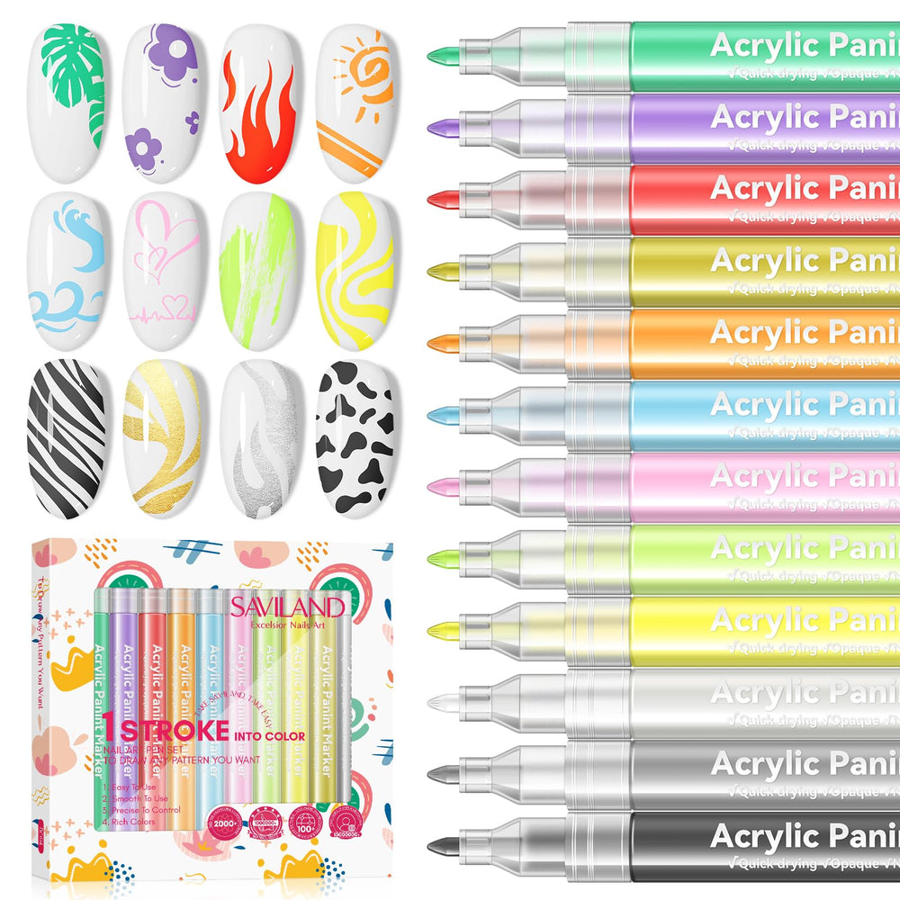 SAVILAND 12-color nail art pens set cap close-up for precise, bold designs.