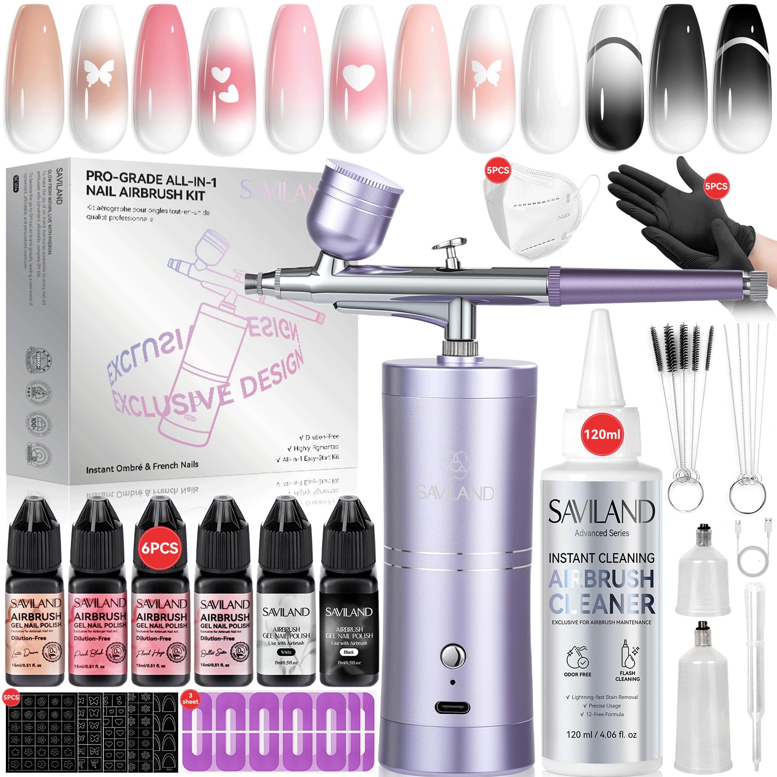 SAVILAND 7-in-1 Pro Airbrush Set pink-nail-polish for fast salon-quality color