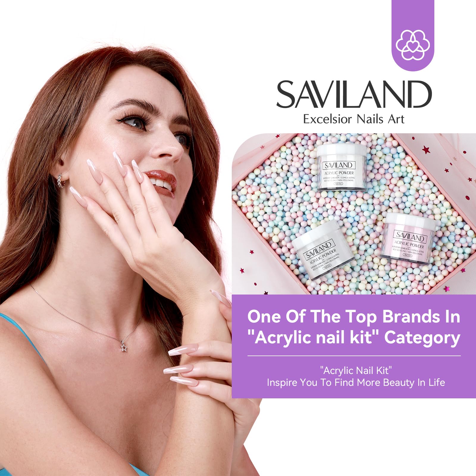 SAVILAND acrylic powder trio in clear, white, pink for versatile nail artistry.