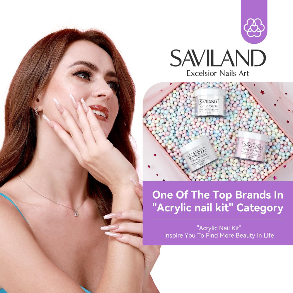 SAVILAND acrylic powder trio in clear, white, pink for versatile nail artistry.