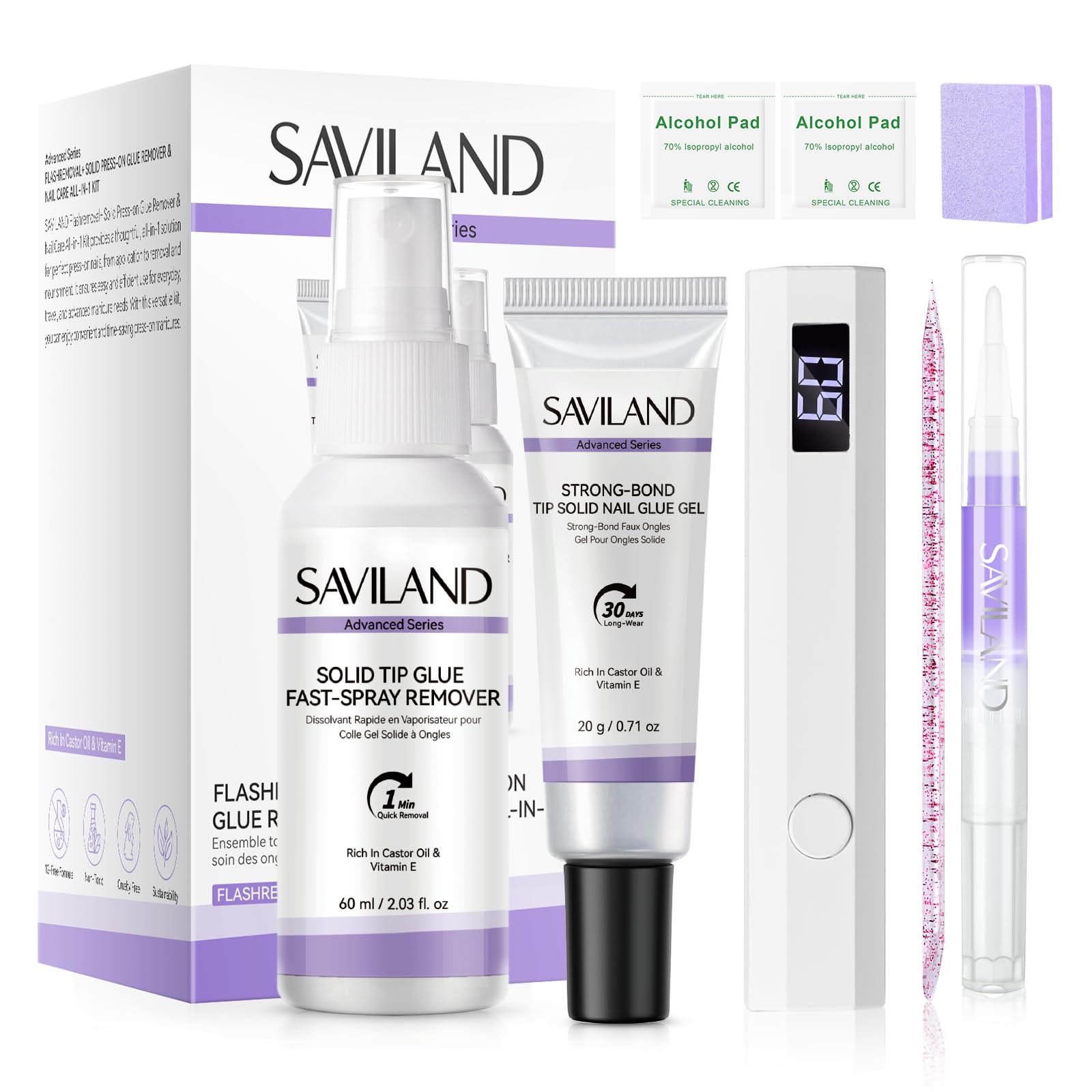 SAVILAND Advanced Nail Glue Kit box front showing complete at-home manicure set.