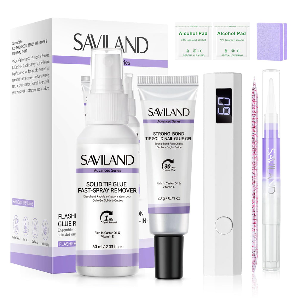 SAVILAND Advanced Nail Glue Kit box front showing complete at-home manicure set.