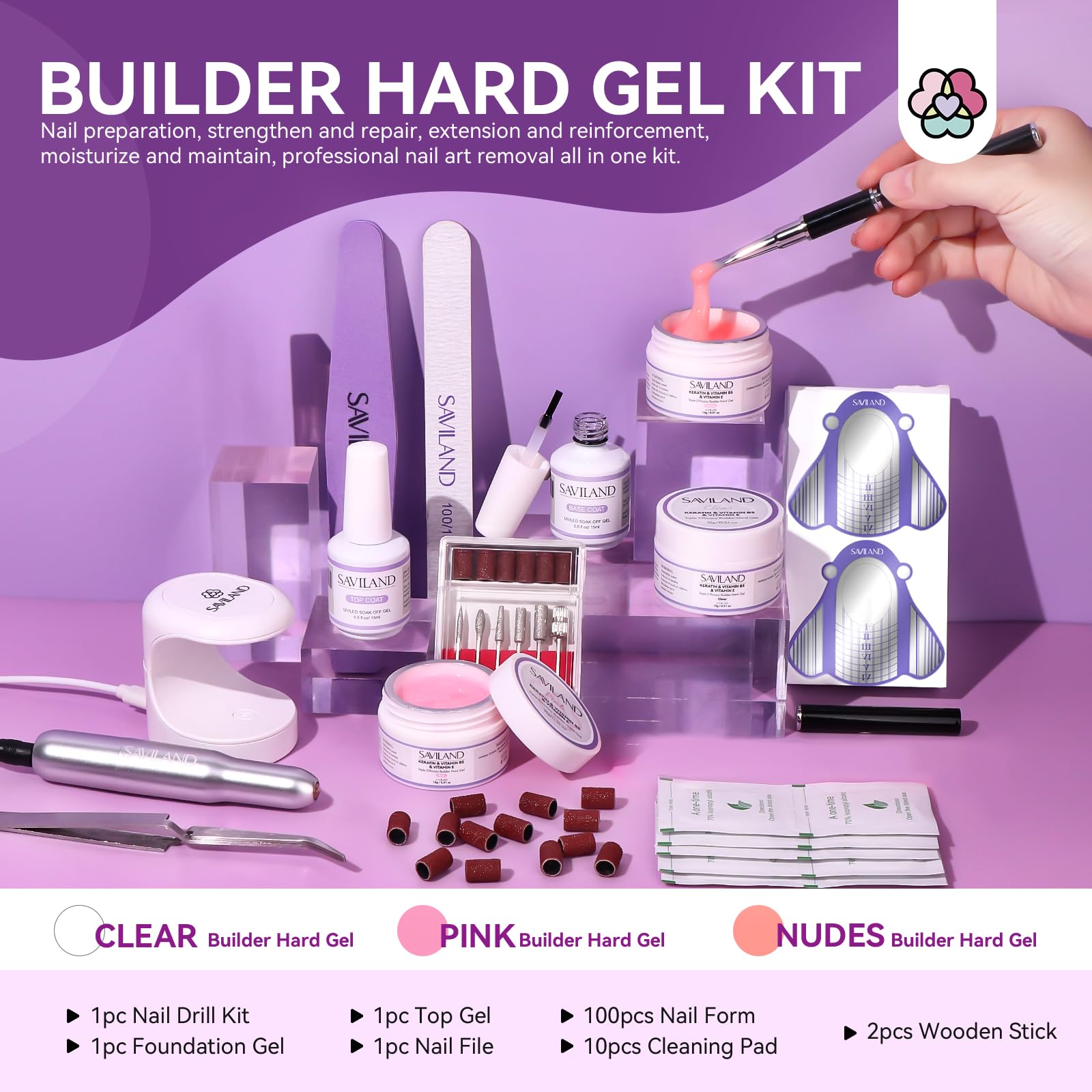 SAVILAND builder gel colors clear pink nude – ready for extensions and nail art.