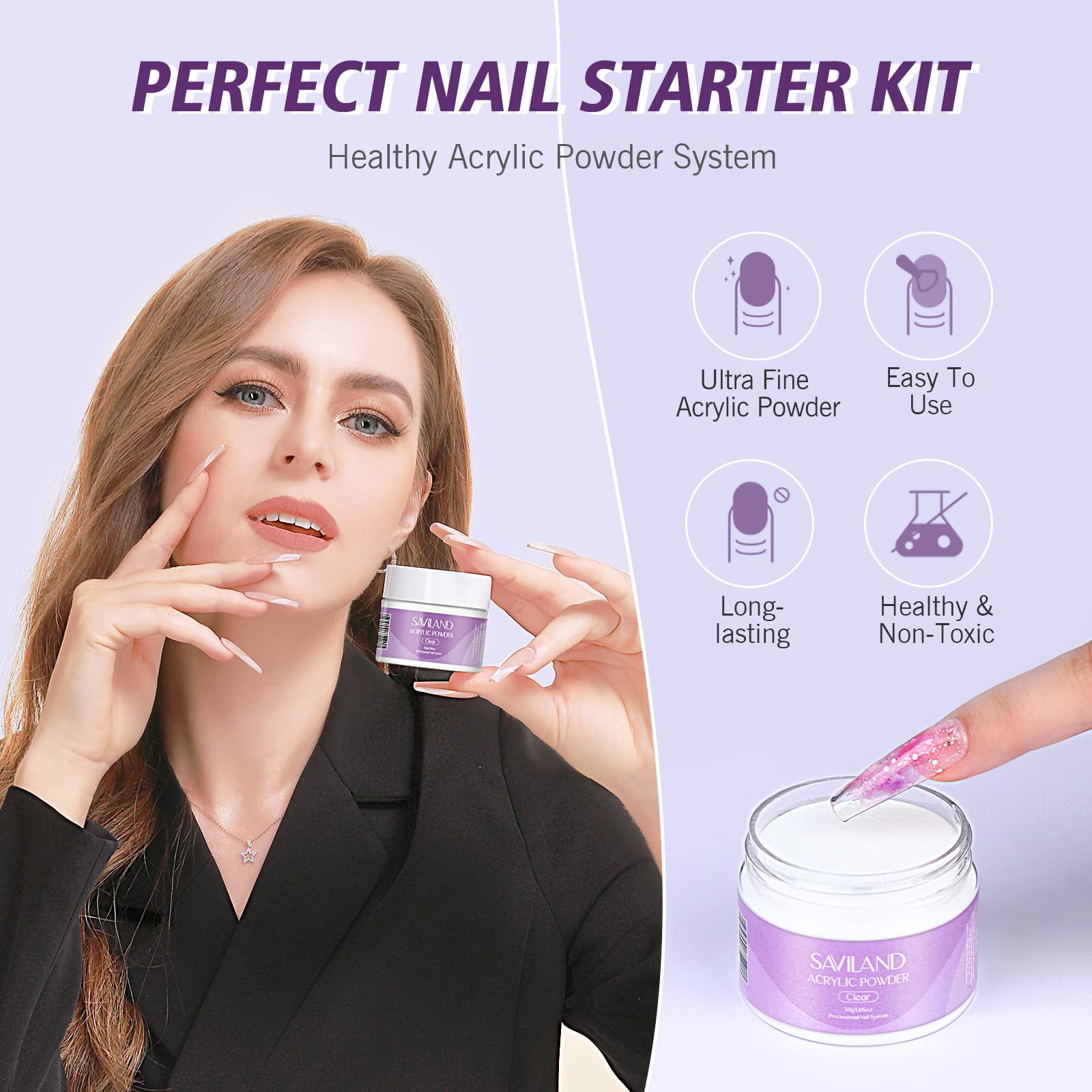 SAVILAND-clear-acrylic-powder 30g close-up highlighting self-leveling, smooth application.