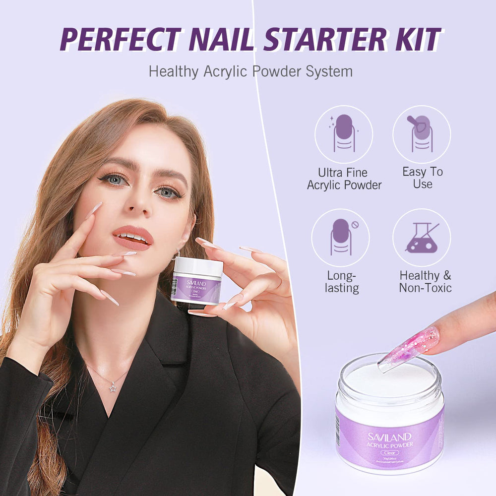 SAVILAND-clear-acrylic-powder 30g close-up highlighting self-leveling, smooth application.