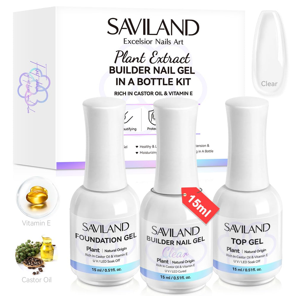 SAVILAND clear builder nail gel kit box shows at-home DIY setup for durable nails.