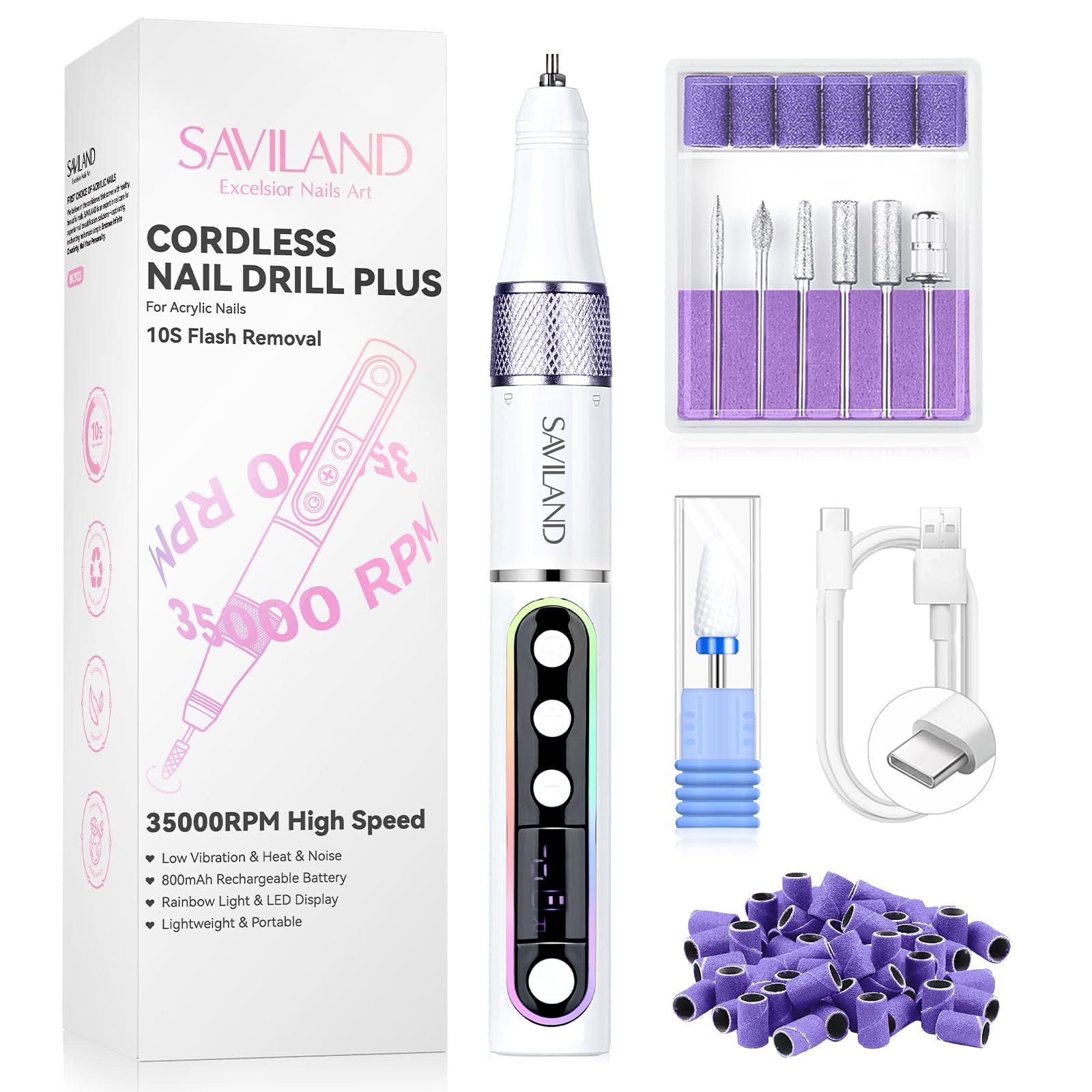 SAVILAND cordless nail drill front view demonstrates an ergonomic grip for comfortable long-session manicures.