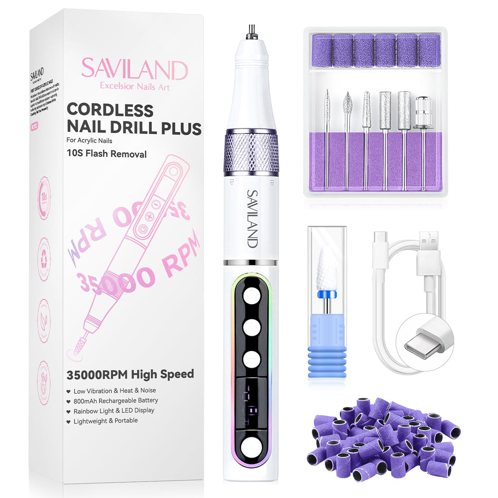 SAVILAND cordless nail drill front view demonstrates an ergonomic grip for comfortable long-session manicures.