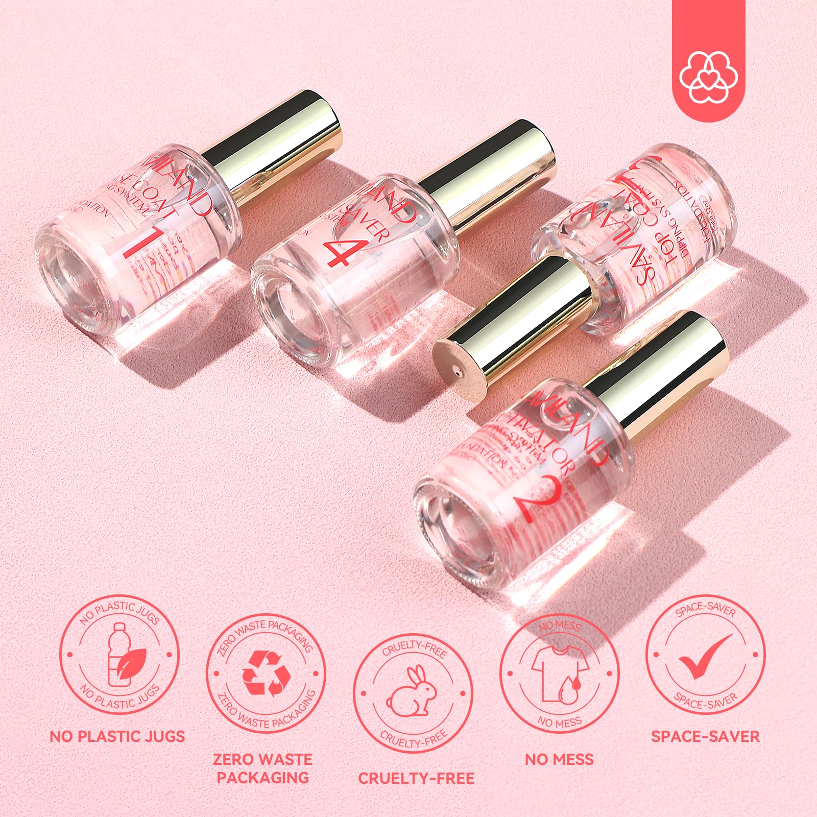 SAVILAND dip base/top coat bottles provide strong adhesion and a glossy finish